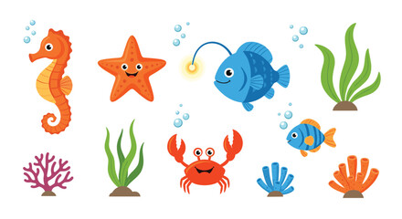 A collection of cute cartoon sea creatures and underwater plants in a vibrant ocean environment.
