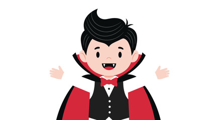 A cute little cartoon vampire boy with black hair and red cape is happily showing his fangs.