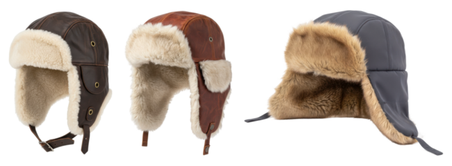 A set of warm leather and fur trapper hats for winter