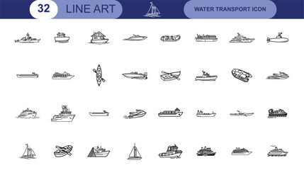 Collection of simple black and white line art icons representing various types of boats and ships