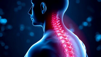 Human neck and spine anatomy with glowing vertebrae showing pain and inflammation in medical illustration concept of health and spinal injury - Powered by Adobe