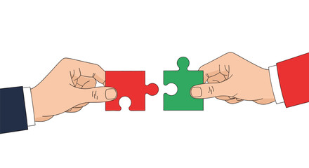 Two hands connecting two puzzle pieces one red and one green symbol of partnership.