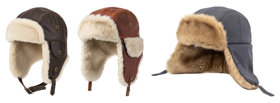 A set of warm leather and fur trapper hats for winter