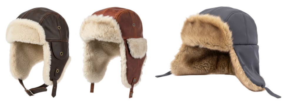 A set of warm leather and fur trapper hats for winter