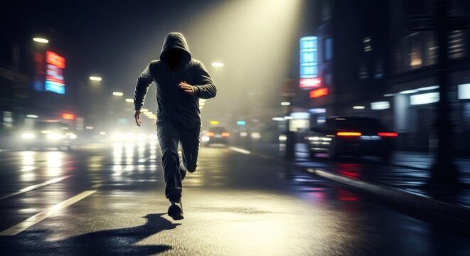 Man in hoodie running on wet street at night. Concept of crime, escape, criminal, fugitive, urban chase, fear, illegal activity.