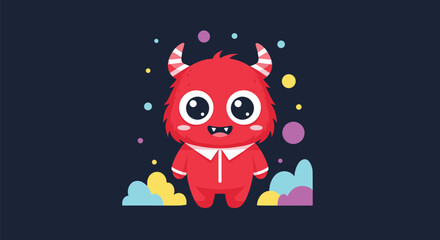 A cute fluffy red monster with big innocent eyes and small horns stands in front of a dark background surrounded by colorful dots and whimsical clouds.