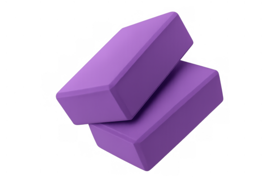 Two purple yoga blocks showing tools for enhancing flexibility, stability, and posture during exercise and meditation
