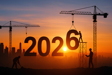 2026 Building the Future &mdash; Cranes and Workers Lifting Numerals at Dawn
