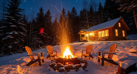 Cozy winter cabin scene with a bonfire under the stars. Ideal for holiday season greetings, vacation rentals, or rustic retreat marketing. Winter holidays landscape.