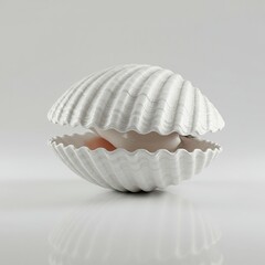 Pristine white clamshell with intricate ridges, partially open, reflecting soft light on a clean, minimalist background, showcasing its form ,curve ,sea ,clean
