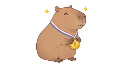 Fototapeta premium a cute cartoon capybara holding medal ribbon gently between paws in minimal pastel style illustration