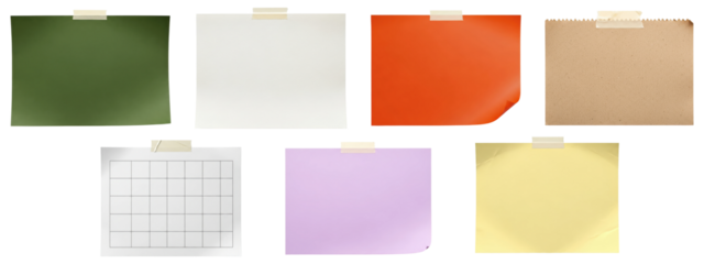 A diverse collection of colorful blank paper notes and a grid calendar page taped to a wall