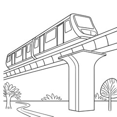 A black and white line drawing of a monorail train on an elevated track with a simple landscape, perfect for coloring books and educational materials