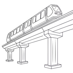A detailed line art illustration of a monorail train on an elevated track, showcasing modern transportation and engineering design