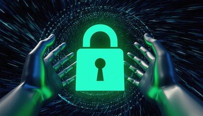 Conceptual shot of metallic hands protecting glowing green padlock against binary code background, cyber security and data protection