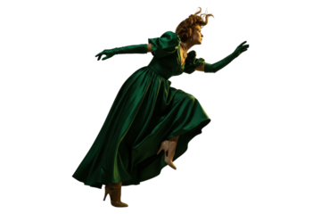 A dynamic woman in an elegant green vintage gown running with urgency and grace