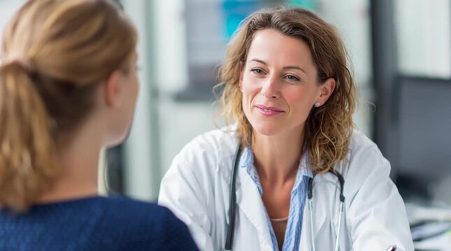 Doctor consulting with a patient in a bright medical office, maintaining a professional yet empathetic tone. Clean, well-lit environment emphasizes trust, care, and effective communication.
