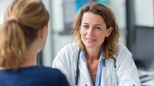 Doctor consulting with a patient in a bright medical office, maintaining a professional yet empathetic tone. Clean, well-lit environment emphasizes trust, care, and effective communication.
