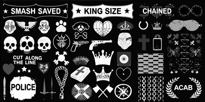 Collection of protest symbols and icons including skulls crowns chains and police related imagery