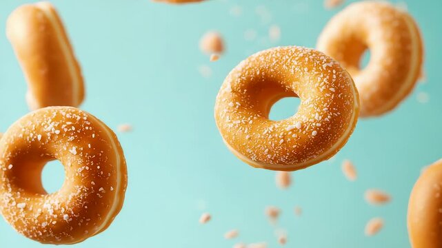 Golden glazed donuts with sugar sprinkles floating in pastel blue space creating sweet dessert concept with delicious bakery freshness