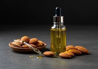 Pure almond oil in a small glass dropper bottle next to raw, shelled almonds. Essential oil used for moisturizing dry skin and hair ,vitamin ,beauty ,nourishment