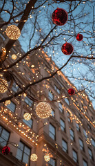 Beautiful sparkling Christmas ornament shining brightly on festive holiday tree