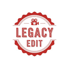 Retro legacy edit emblem with vintage stamp and film reel icon isolated on transparent background