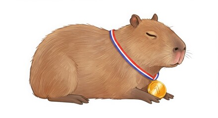 a cute cartoon sleepy capybara with medal resting on its belly in cozy warm watercolor tone style illustration