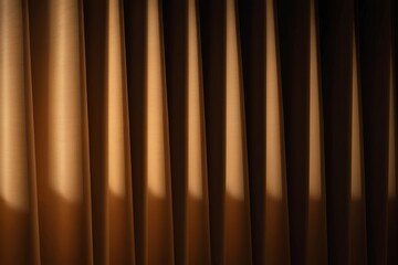 Golden brown curtains with dramatic shadows, showing folds and vertical lines in low light.