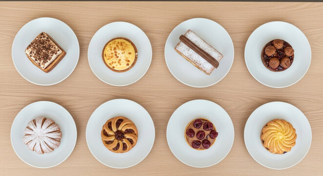 Becary Pastry Assortment Plates Flatlay Display Bakery Dessert Sweets Collection Topview
