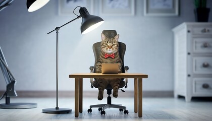 Whimsical shot of serious tabby cat wearing bow tie sitting at desk with laptop in home office, funny business concept