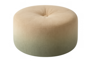 Beige round tufted ottoman with suede fabric and button detailing, soft comfortable home furniture on transparent background