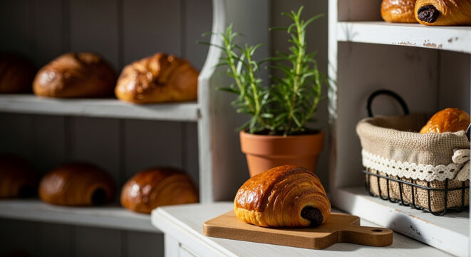 Becary Pastry Shelf Croissant Bread Rustic Display Bakery Wooden Counter French Breakfast