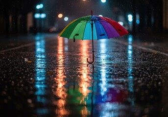 Rainy day, a colorful umbrella shields from droplets, creating vibrant reflections on a glistening pavement. Serene urban atmosphere ,atmosphere ,abstract ,autumn