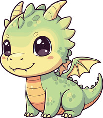 Cartoon baby dragon, cute green creature, friendly fantasy animal, kids illustration, chibi-style character, vector art, smiling face, playful design
