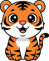Cartoon baby tiger, smiling animal character, orange striped cub, cute jungle creature, kids illustration, vector art, cheerful face, playful design