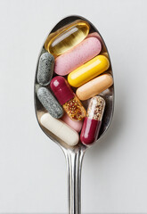 Close-up of a spoon filled with assorted pills and capsules on a plain gray background. Minimalist composition, health, medicine, and supplements concept.