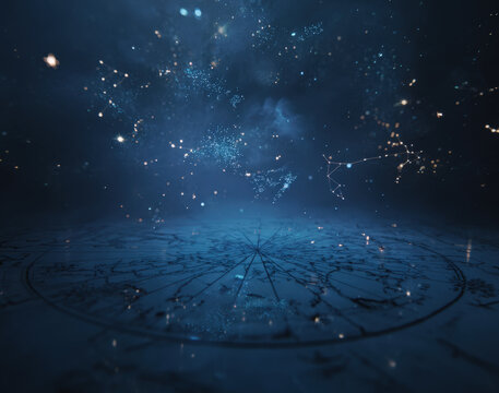 mystical background showing a starry night sky with glowing constellations and cosmic dust projected onto a subtle astrological chart or map below. A blue image for mystery, astronomy, esoteric themes