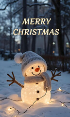 Cheerful snowman smiling brightly in the snowy Christmas wonderland scene
