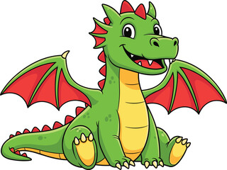 Cartoon green dragon, friendly mythical creature, cute fantasy animal, kids illustration, red wings, vector art, smiling face, playful design