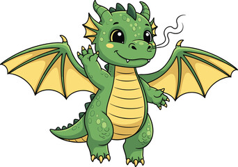 Cartoon green dragon, upright fantasy creature, cute mythical animal, kids illustration, vector art, smiling face, yellow wings, playful design