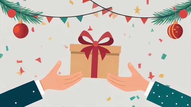 Gift exchange illustration with hands, present, decorations, and confetti.