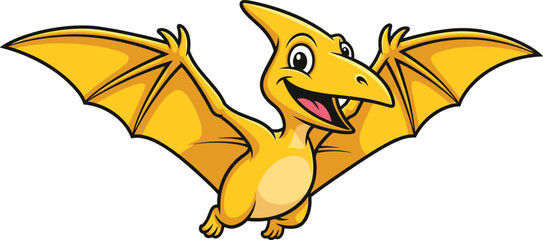 Cartoon pterodactyl dinosaur, yellow flying reptile, cheerful expression, kids illustration, prehistoric animal, cute character, vector art, white background