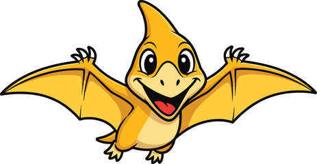 Cartoon pterodactyl flying, cheerful dinosaur character, yellow-orange reptile, kids illustration, prehistoric creature, vector art, smiling face, playful design