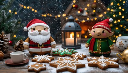 Heartwarming Christmas scene with adorable handcrafted Santa and Elf dolls, gingerbread cookies, and festive decorations on wooden table