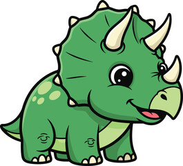 Cartoon triceratops dinosaur, green prehistoric animal, cheerful expression, kids illustration, cute character, three horns, vector art, white background