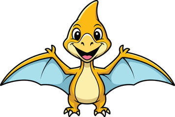 Cheerful cartoon pterodactyl, orange flying dinosaur, kids illustration, friendly prehistoric character, vector art, smiling wingspread dino, white background, fun