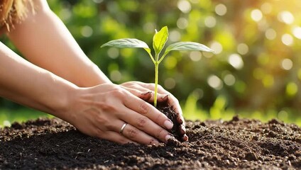 Hands planting seedling in rich soil, growth and sustainable future concept