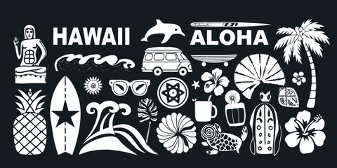 Hawaii aloha tropical island vacation elements collection with surfboard pineapple palm tree and flowers © SreemotiRaba