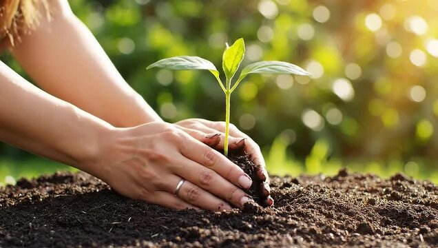 Hands planting seedling in rich soil, growth and sustainable future concept
